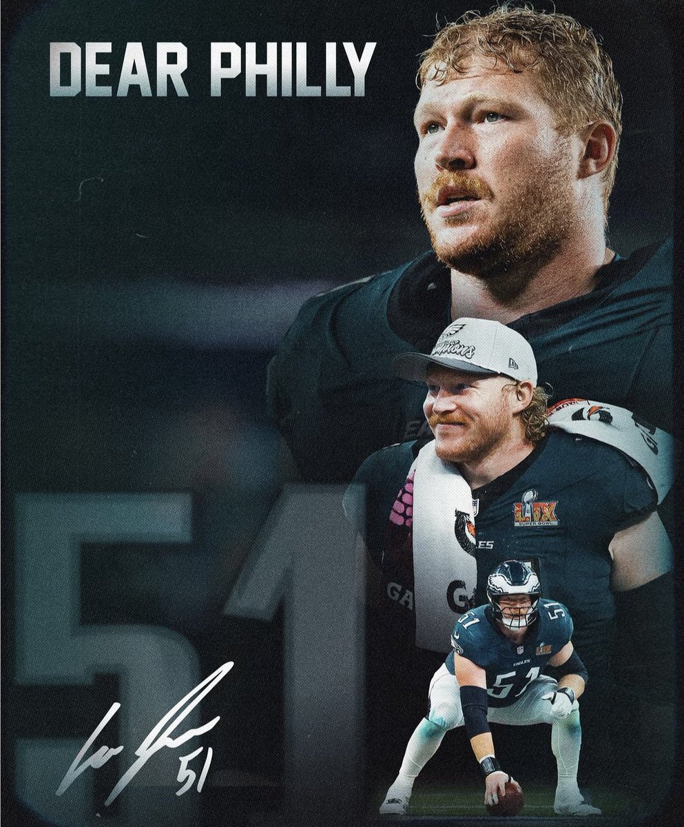 JClarkNBCS's tweet photo. Cam Jurgens with a heartfelt message saying goodbye to Philly

“Philly,
What a ride! It's hard to put into words what these last few years have meant to me. This was the first place I ever called home outside of Nebraska, and from the moment I arrived, this city, this organization and these fans welcomed me and gave me an opportunity l'll always be grateful for.
Thank you to my teammates, coaches, staff and everyone in the Eagles organization who helped me grow both as a player and as a person. And thank you to the fans for the passion, support and energy you brought every single day. There's truly nothing like playing in Philadelphia.
I'm grateful for every memory, every relationship and every moment I got to experience as an Eagle. Thank you for everything.” 📸 Cam Jurgens