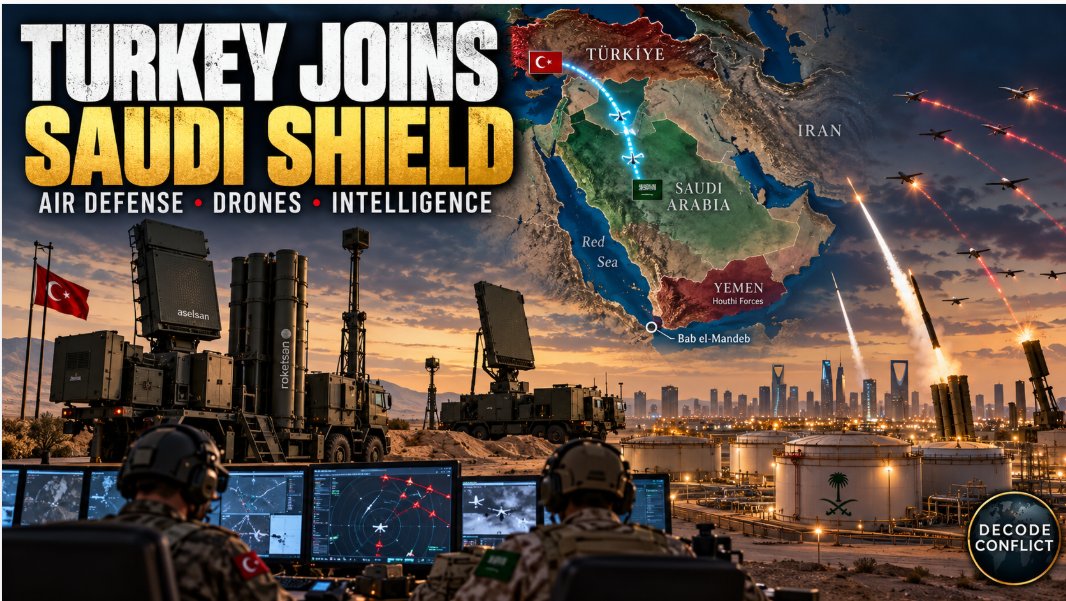 DecodeConflict's tweet photo. 🚨 TURKEY JOINS SAUDI ARABIA’S SHIELD AGAINST THE HOUTHIS

As of October 7, Ankara is providing air-defense systems, drone operators, intelligence, weapons and logistical support to help Saudi Arabia confront Iran-backed Houthi attacks.

No Turkish ground deployment has been confirmed. But the message is unmistakable: Houthi aggression is building a stronger regional coalition against itself.
#SaudiArabia #Turkey #Houthis #YemenBenimDüşmanımDeğil 
Decode Conflict