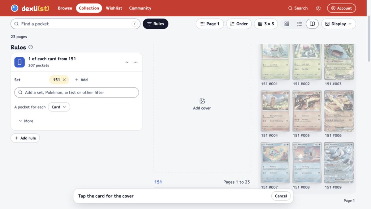 DexlistTracker's tweet photo. Binder covers were easy to miss in the page menu.

In dexli, Add cover now sits beside the binder. Choose "Pick a card from the binder", then tap a card to use it as the cover.

Here is the 151 draft with Bulbasaur on the front. https://t.co/hFAnIluYd7
