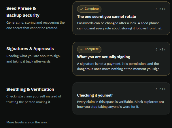 BoringSecurity's tweet photo. Sorry we've been quiet a while, but Boring Security is switching gears ⚙️

Don't worry, we will always be that free public good that you know and love, but we're focusing on creating an education platform for the regular user, who is out here in the trenches!

We are revamping the website and breaking our lives classes into short, self-paced modules that learners can utilize at their own pace! Once a particular level is mastered, students will be able to claim the same NFTs on ApeChain that they would have otherwise had to attend our live classes for.

For now, free live classes are suspended, as we redirect our efforts into launching this platform. If your community is interested in a paid class, feel free to reach us in our DMs or in a Discord ticket! Below are some mockups of the re-design (nothing final yet). We'll post more as we progress!