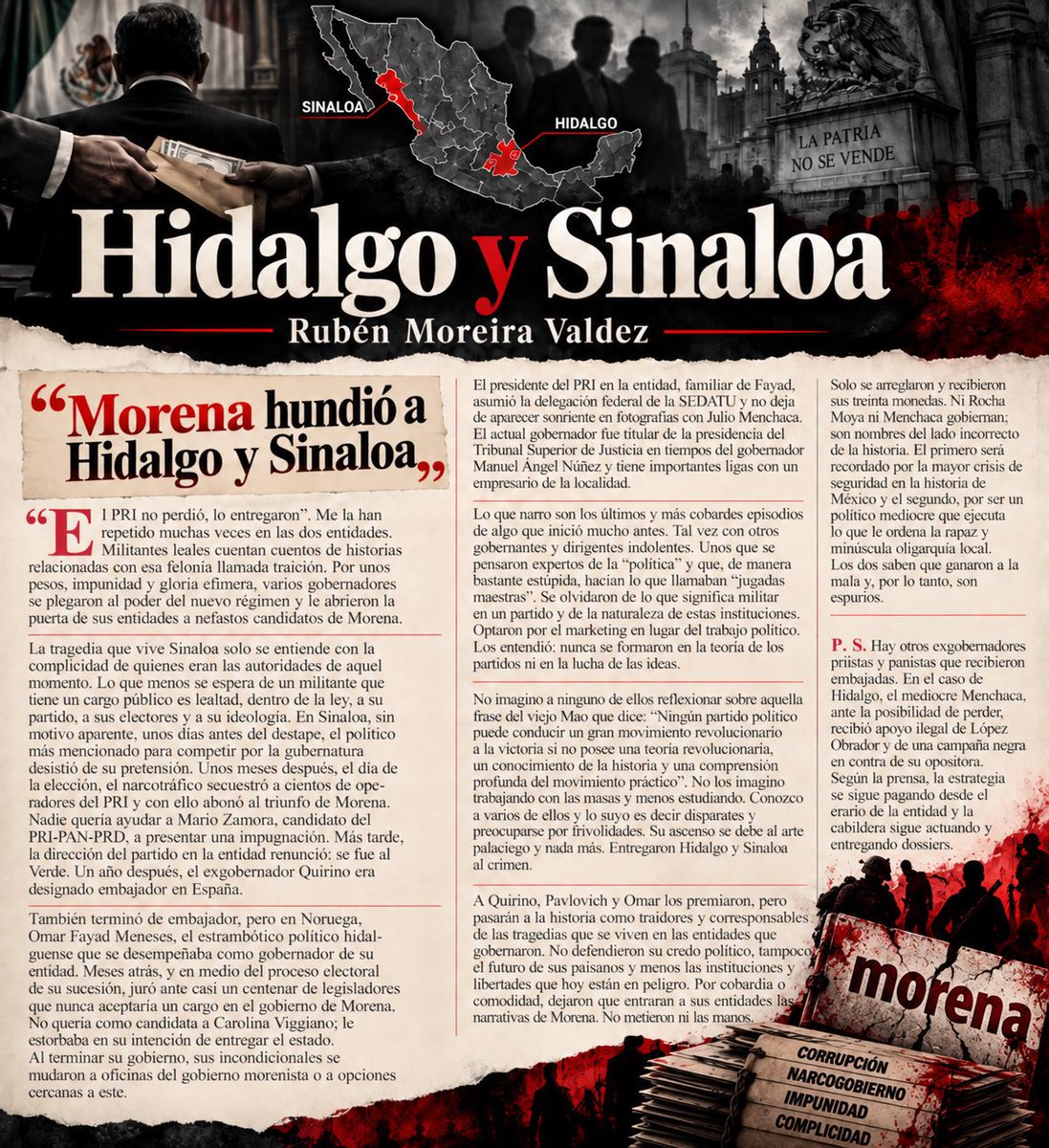 RubenMoreiraAlt's tweet photo. En #Hidalgo y #Sinaloa hubo quienes prefirieron pactar con el poder antes que defender sus principios. Esas decisiones abrieron la puerta a #Morena y dejaron consecuencias que hoy siguen pagando estos estados.

Aquí mi #columna .  #Opinión https://t.co/nXWT4xlbYN