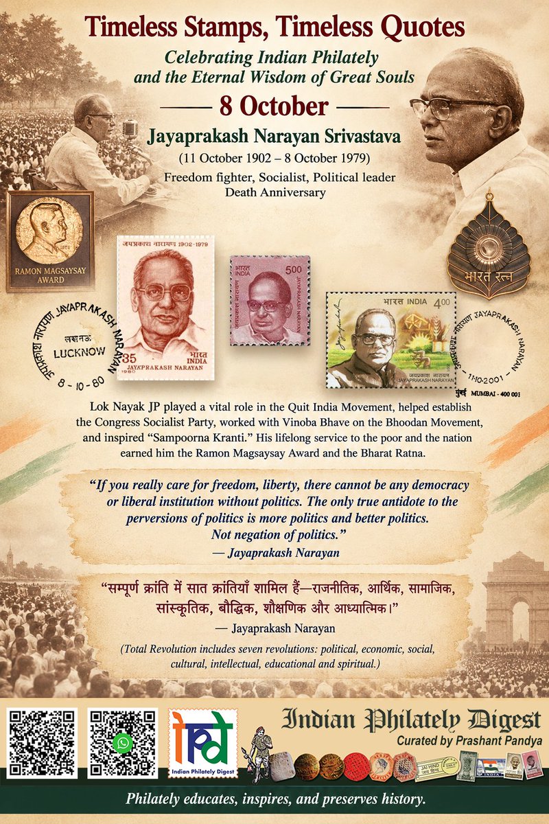 pHphilatelist's tweet photo. @KailashOnline Timeless Stamps, Timeless Quotes
8 October
Jayaprakash Narayan
11 Oct 1902 – 8 Oct 1979
Death Anniversary
Played a pivotal role in the Quit India Movement & later inspired the historic call for “Sampoorna Kranti.”
#philately 📬 #JayaprakashNarayan #LokNayakJP #TotalRevolution https://t.co/wRt9lE4rhv