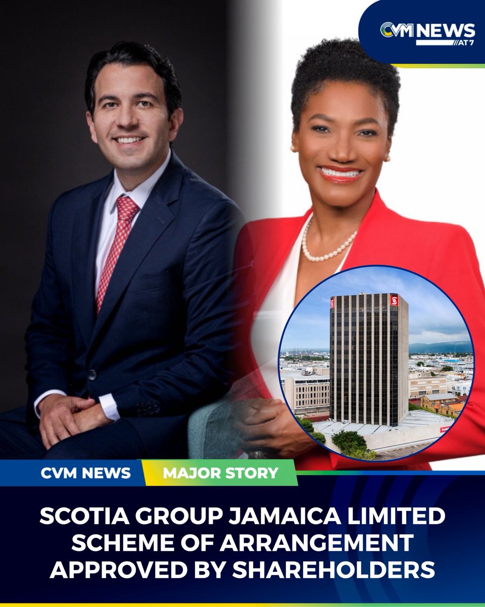 CVMTV's tweet photo. Scotia Group Jamaica shareholders have voted in favour of the proposed privatization transaction with Scotiabank Caribbean Holdings.
Minority shareholders would receive J$75 per ordinary stock unit. The deal still requires court approval.
#ScotiaGroup #Scotiabank #CVMBusiness https://t.co/CU7YhQWUxA