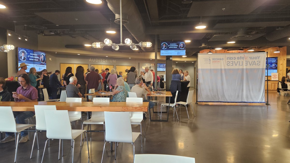 Schuiling4Evans's tweet photo. Here to support @GabeforColorado  at his CO-8 debate against Manny Rutinel, along with arguably the two men with the best hair in the state House. Can't keep up with them on that front, but learning a lot about the campaign process as a first-time candidate for office. #YourVoice https://t.co/6oEFoCoZts