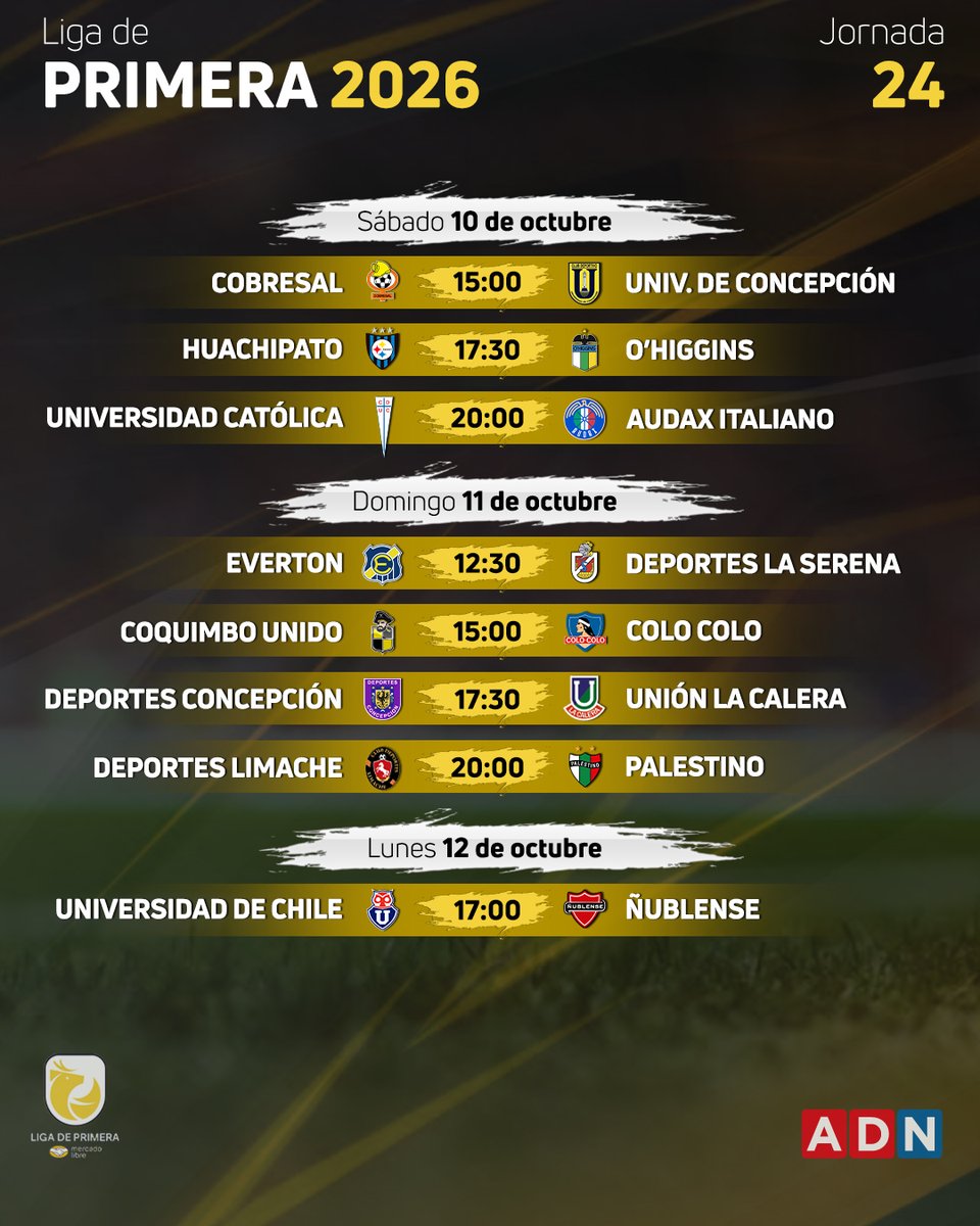 adnradiochile's tweet photo. 📅 PROGRAMACIÓN | Fecha 24 de la Liga de Primera: dónde, cuándo y cómo ver los partidos en vivo, en directo, online y en TV 👉 https://t.co/c7KktB7mcl https://t.co/eMFHDPwS6I