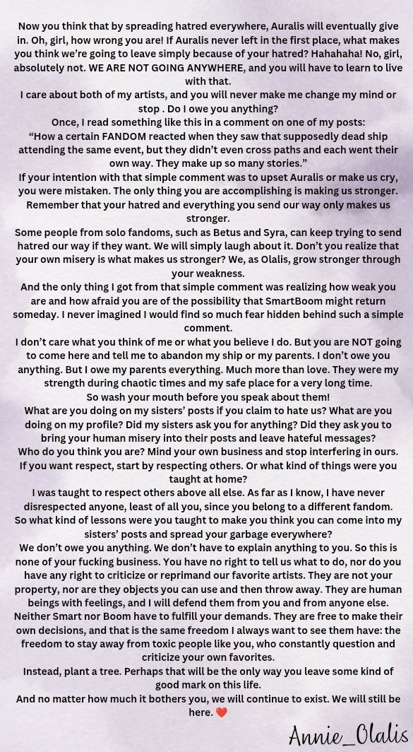 meowmommy24's tweet photo. What a way to silence the hate.
Sister, you make me feel so proud of you and of this family. Someone is waking up.
Some of those who keep following us say so much bullshit. They should really get themselves checked. They hide behind solo fandoms. They hate us, yet they dedicate millions of letters and messages to us.
They have absolutely nothing to do with us. We are a fandom that belongs to two people. So what are you doing here then?
What are you doing in our posts?

There’s no need for me to respond to the hate. My sister just gave them a dose of what they deserve.

My sister shutting their mouths. I love to see it.
Thank you sister @Anniebxxmarty 
😎

#Auralis