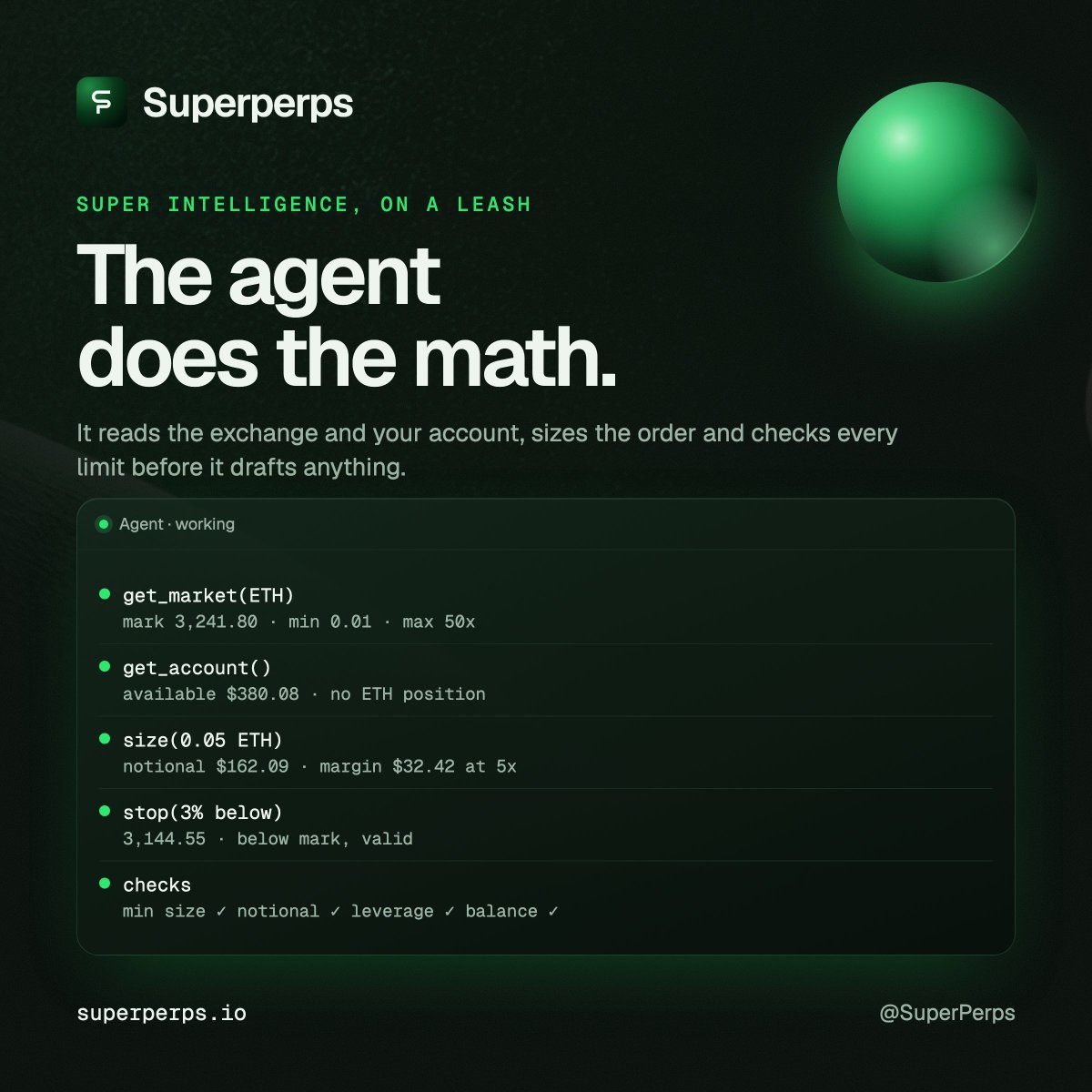 SuperPerps's tweet photo. Behind “long 0.05 ETH at 5x” the agent:

reads the mark, tick size and max leverage
reads your balance and open positions
sizes the order: $162 notional, $32 margin
places the stop below mark
checks min size, notional, leverage, balance

Then it drafts. Super intelligence, on a leash.