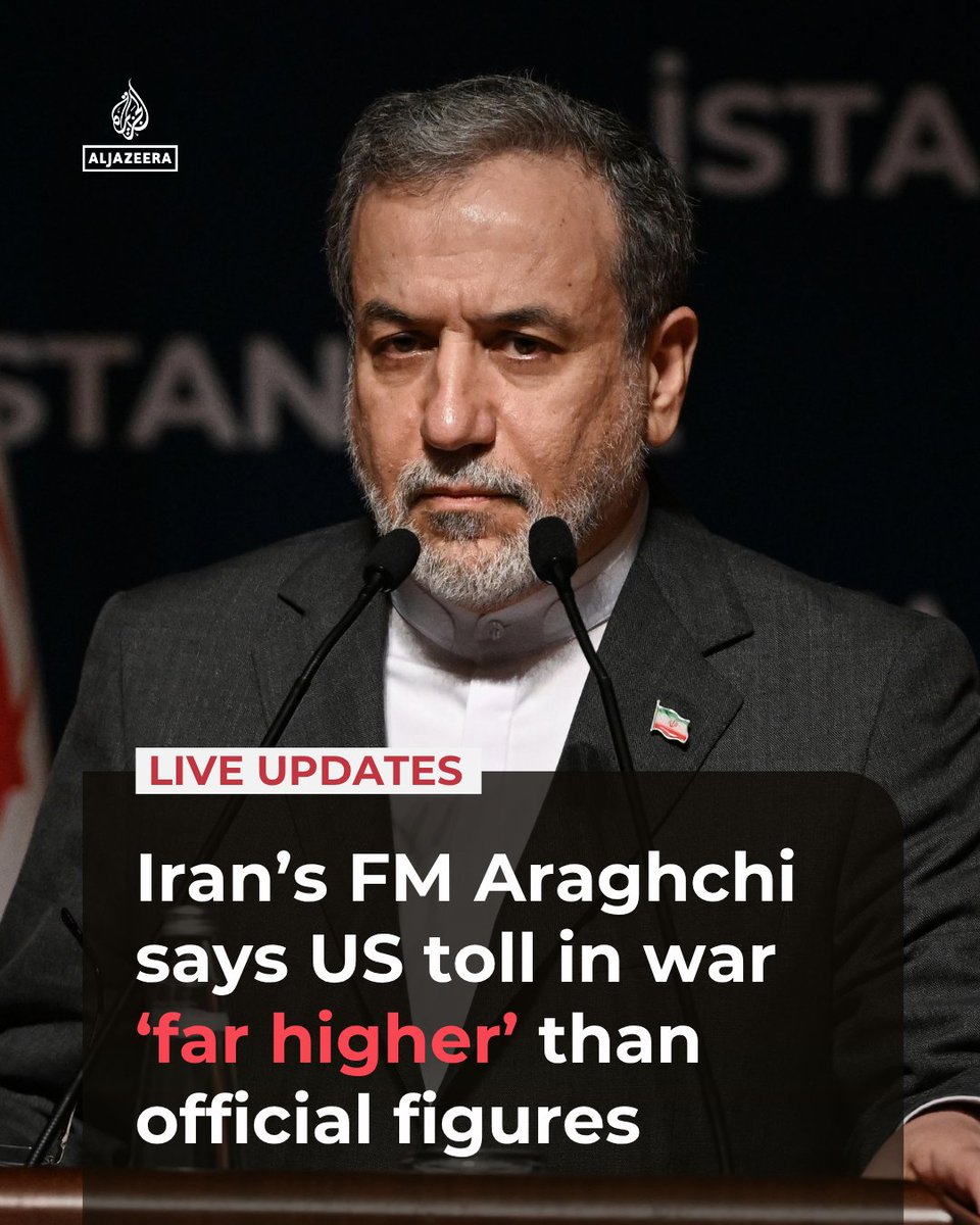 AJEnglish's tweet photo. Iranian FM Abbas Araghchi says the actual death toll among US soldiers and the destruction of US military assets is “far higher” than publicly disclosed, adding that “CENTCOM won’t let a sitting Senator inspect bases it claims are fine."

🔴 LIVE updates: https://t.co/t420Re1NO1 https://t.co/pC0wI133cw