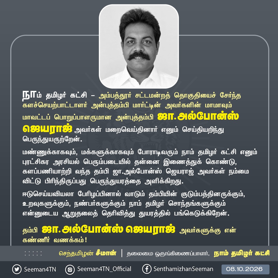 Seeman4TN's tweet photo. நாம் தமிழர் கட்சி - அம்பத்தூர் சட்டமன்றத் தொகுதியைச் சேர்ந்த களச்செயற்பாட்டாளர் அன்புத்தம்பி மார்ட்டின் அவர்களின் மாமாவும் மாவட்டப் பொறுப்பாளருமான அன்புத்தம்பி ஜா.அல்போன்ஸ் ஜெயராஜ் அவர்கள் மறைவெய்தினார் எனும் செய்தியறிந்து பெருந்துயருற்றேன்.

மண்ணுக்காகவும், மக்களுக்காகவும் போராடிவரும் நாம் தமிழர் கட்சி எனும் புரட்சிகர அரசியல் பெரும்படையில் தன்னை இணைத்துக் கொண்டு, களப்பணியாற்றி வந்த தம்பி ஜா.அல்போன்ஸ் ஜெயராஜ் அவர்கள் நம்மை விட்டு பிரிந்திருப்பது பெருந்துயரத்தை அளிக்கிறது.

ஈடுசெய்யவியலா பேரிழப்பினால் வாடும் தம்பியின் குடும்பத்தினருக்கும், உறவுகளுக்கும், நண்பர்களுக்கும் நாம் தமிழர் சொந்தங்களுக்கும் என்னுடைய ஆறுதலைத் தெரிவித்து துயரத்தில் பங்கெடுக்கிறேன்.

தம்பி ஜா.அல்போன்ஸ் ஜெயராஜ் அவர்களுக்கு என் கண்ணீர் வணக்கம்!