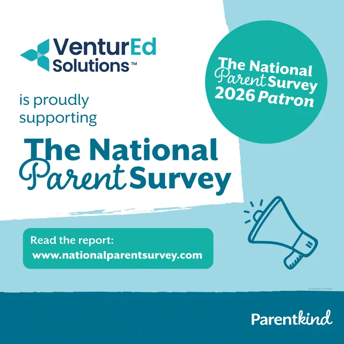 VenturEd Solutions logo with text supporting The National Parent Survey and a teal badge reading "2026 Patron"