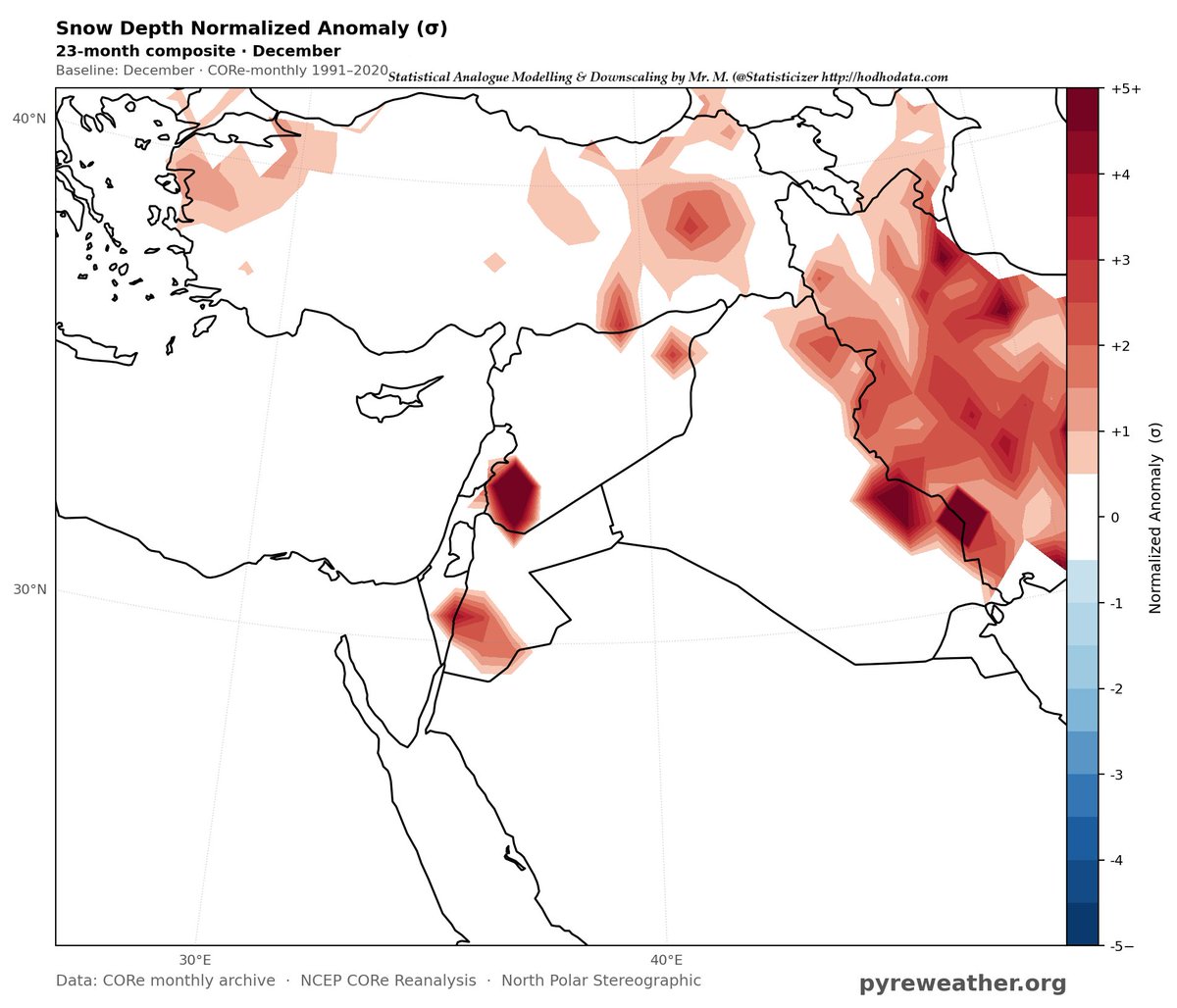 Statisticizer's tweet photo. #الشرق_الأوسط

توقعات تساقط الثلوج لأشهر الشتاء، من شهر ديسمبر و حتى شهر مارس.

تم إعداد هذا التحليل باستخدام أساليب التحليل التماثلي، والمقاربات الإحصائية، والشبكات العصبية، بهدف تحديد ما لا يقل عن 23 موسمًا مماثلًا للموسم الجاري من حيث الأنماط والخصائص العامة  .

أُضيفت إلى الخرائط المرفقة احتمالات حدوث التساقطات ال��لجية، بمختلف أنواعها وكمياتها، باللون الأحمر 🔴. وتشير شدة اللون 🔴 إلى ارتفاع الاحتمالية، وليس بالضرورة إلى كمية الثلوج المتوقعة.

🔵ديسمبر:
تزداد فرص التساقطات الثلجية فوق جنوب غرب سوريا، ومرتفعات جنوب الأردن، وشمال شرق العراق، وإقليم كردستان، وأقصى شرق العراق، إضافة إلى مرتفعات غرب إيران وشرق تركيا.
كما تظهر فرص متوسطة ومتقطعة لتساقط الثلوج فوق مرتفعات شمال شبه الجزيرة العربية، حيث تصل بعض الارتفاعات في المناطق الصحراوية إلى مستويات قد تكون ملائمة لتساقط الثلوج عند توافر بقية المسببات الجوية، مثل الرطوبة، وشدة الرياح، والتبريد في الطبقات العليا.

🔵يناير:
تظهر زيادة واضحة في احتمالات الثلوج فوق شرق سوريا والعراق وتركيا، مع امتداد الاحتمالات إلى أجزاء من شمال شبه الجزيرة العربية ولبنان والسواحل السورية.

ومن المهم الإشارة إلى أن جبال لبنان، من الناحية المناخية والتضاريسية، تُعد من أكثر المناطق ملاءمة للثلوج، وقد تشهد هطولات غزيرة نسبيًا. إلا أن نقص البيانات الأرشيفية المتاحة لبعض المناطق خلال فترة الحرب الأهلية اللبنانية، ولا سيما من ستينيات القرن الماضي وحتى أوائل التسعينيات، يؤثر في تمثيلها ضمن الخرائط الإحصائية الحالية، رغم أن الارتفاعات الجبلية تجعلها من المناطق ذات الاحتمالية المرتفعة فعليًا.

🔵فبراير:
تظهر فرص جيدة لتساقط الثلوج فوق مرتفعات الطفيلة والشوبك في الأردن، إضافة إلى أجزاء من سوريا وشرق تركيا وشمال العراق، ولا سيما إقليم كردستان.

🔵مارس:
تتجدد فرص الثلوج فوق جنوب غرب سوريا وشرقها، إلى جانب شرق تركيا وشمال العراق. وتشير المخرجات الحالية إلى احتمالات أعلى نسبيًا فوق شرق تركيا.

وبطبيعة الحال، فإن توقعات شهر مارس ما تزال بعيدة زمنيًا، ولذلك فإن هذه المخرجات أولية وقابلة للتعديل مع اقتراب الفترة الزمنية وظهور أنماط جوية جديدة. ومن المحتمل أن تتغير بعض التفاصيل لاحقًا مع تحديث البيانات وإعادة تشغيل النماذج.
هذه قراءة احتمالية إحصائية وليست توقعًا حتميًا لحدوث الثلوج أو لكمياتها، وقد تتغير الاحتمالات مع تطور الحالة الجوية وتحديث المدخلات. اعيد ان شاء الله النموذج و التحليل باواخر نوفمبر للتدقيق . 

والله سبحانه وتعالى أعلى وأعلم.
هذا التحليل احتمالية و يمثل ارجحيات الثلوج و ليس كمياتها الحتمية . ساقوم بتحديث نشرة الشتاء يناير-مارس بشهر ديسمبر ان شاء الله .

📊 تم احتساب هذه الاحتمالات وإعداد المخرجات الإحصائية من قبل كبير الإحصائيين في موقع الهدهد للبحوث والتحليل الإحصائي، السيد محمد الخ��يب @Statisticizer، وذلك باستخدام أساليب التحليل التماثلي والمقاربات الإحصائية والشبكات العصبية. 
بدعم من شركة @pyreweather 

https://t.co/AAChjhK20Q