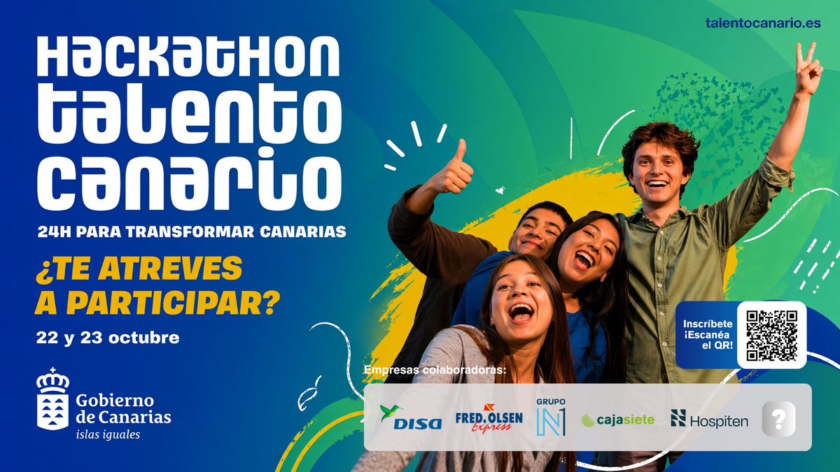 hospiten's tweet photo. Hackathon Talento Canario: creatividad, innovación y talento trabajando juntos para dar forma a nuevas ideas para nuestras islas💡​

📅 22 y 23 de octubre​
📍 Canarias​

¡Apúntate en el QR!​

#Hospiten #Hackathon #Empleo https://t.co/Pr6s8l8SNU