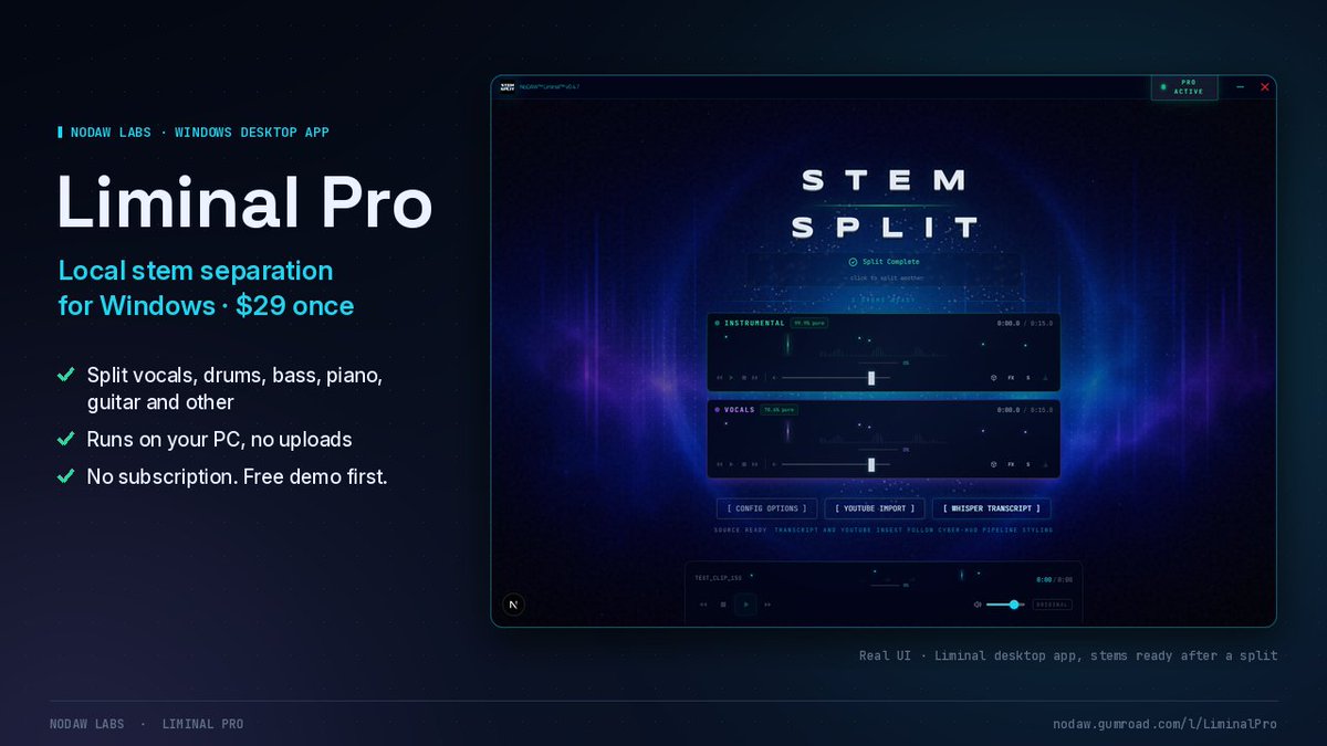NoDAW_Studio's tweet photo. Stem splits that never leave your PC.

Liminal pulls vocals, drums, bass and other locally on Windows. No uploads, no credits, no subscription. Try the free demo, and if it earns a spot in your workflow, Pro is $29 once.

https://t.co/ijWz135ou4
https://t.co/AtZOO3j03X https://t.co/DNr2wGpUp1