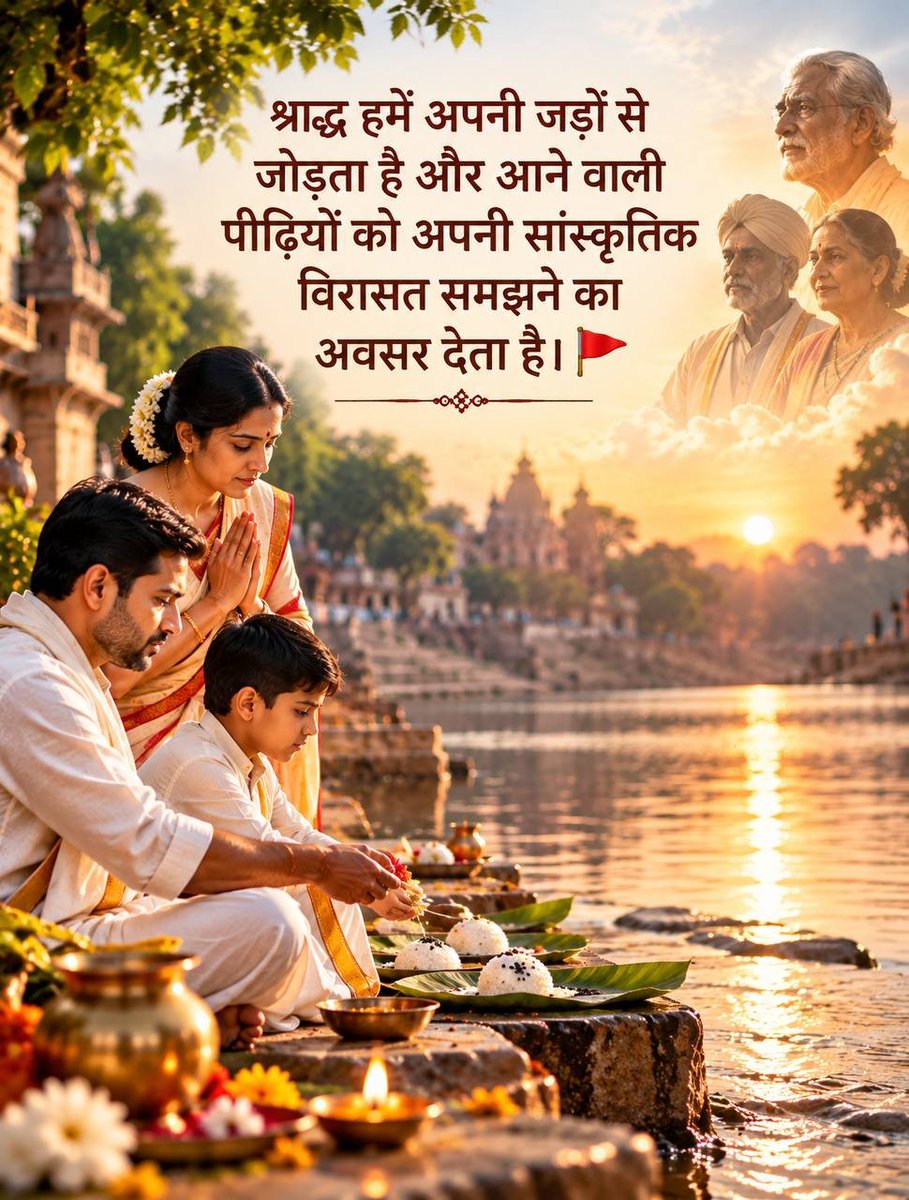 AshramRajkot's tweet photo. Pitru Paksha हमें जीवन की उस सच्चाई से जोड़ता है कि प्रत्येक पीढ़ी पिछली पीढ़ी से कुछ प्राप्त करती है। Shraddh Karma के माध्यम से पूर्वजों का स्मरण, तर्पण और सेवा उनके प्रति हमारी कृतज्ञ भावना को अभिव्यक्त करते हैं। #AncestorsBlessings https://t.co/sdYYBr6JPq