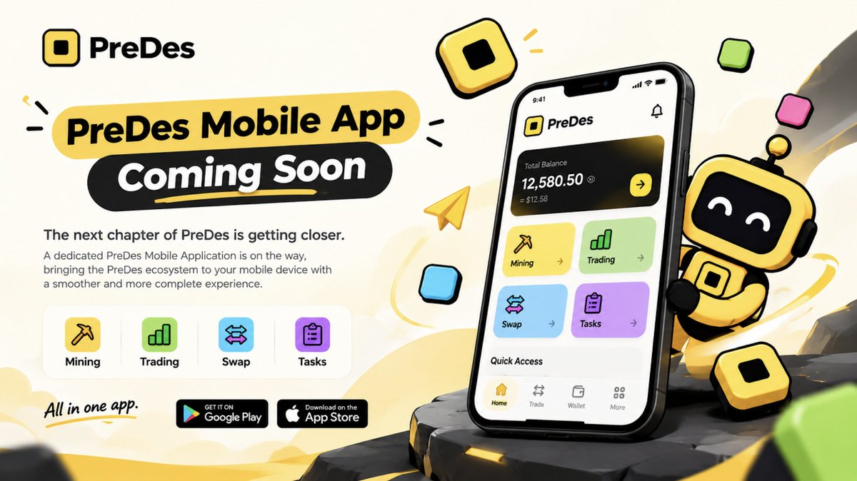 PreDesExchange's tweet photo. 🚀 PreDes Mobile App - Coming Soon

The next chapter of PreDes is getting closer.

📱 A dedicated PreDes Mobile Application is on the way, bringing the PreDes ecosystem to your mobile device with a smoother and more complete experience.

Mining. Trading. Swap. Tasks. All in one app.

Stay tuned. Something bigger is coming. 🔥