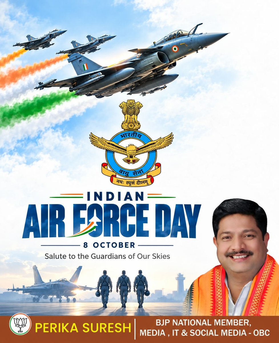 SureshPerika's tweet photo. On Air Force Day, we salute their unwavering courage, valour and commitment to safeguarding our skies and defending the nation with pride. 

🇮🇳 Jai Hind!

#Airforce #IndianAirForce #AirForceDay https://t.co/Oi6KuMAHmi