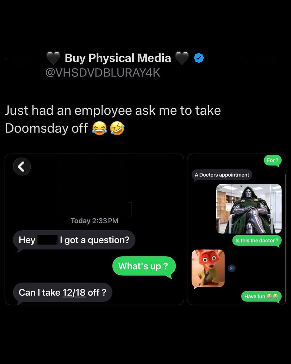 Complex's tweet photo. An employee asked for the day off for a ‘doctor’s appointment’ to go see Avengers: Doomsday. 

[via/ X VHSDVDBLURAY4K] https://t.co/eY4y6G8CSe