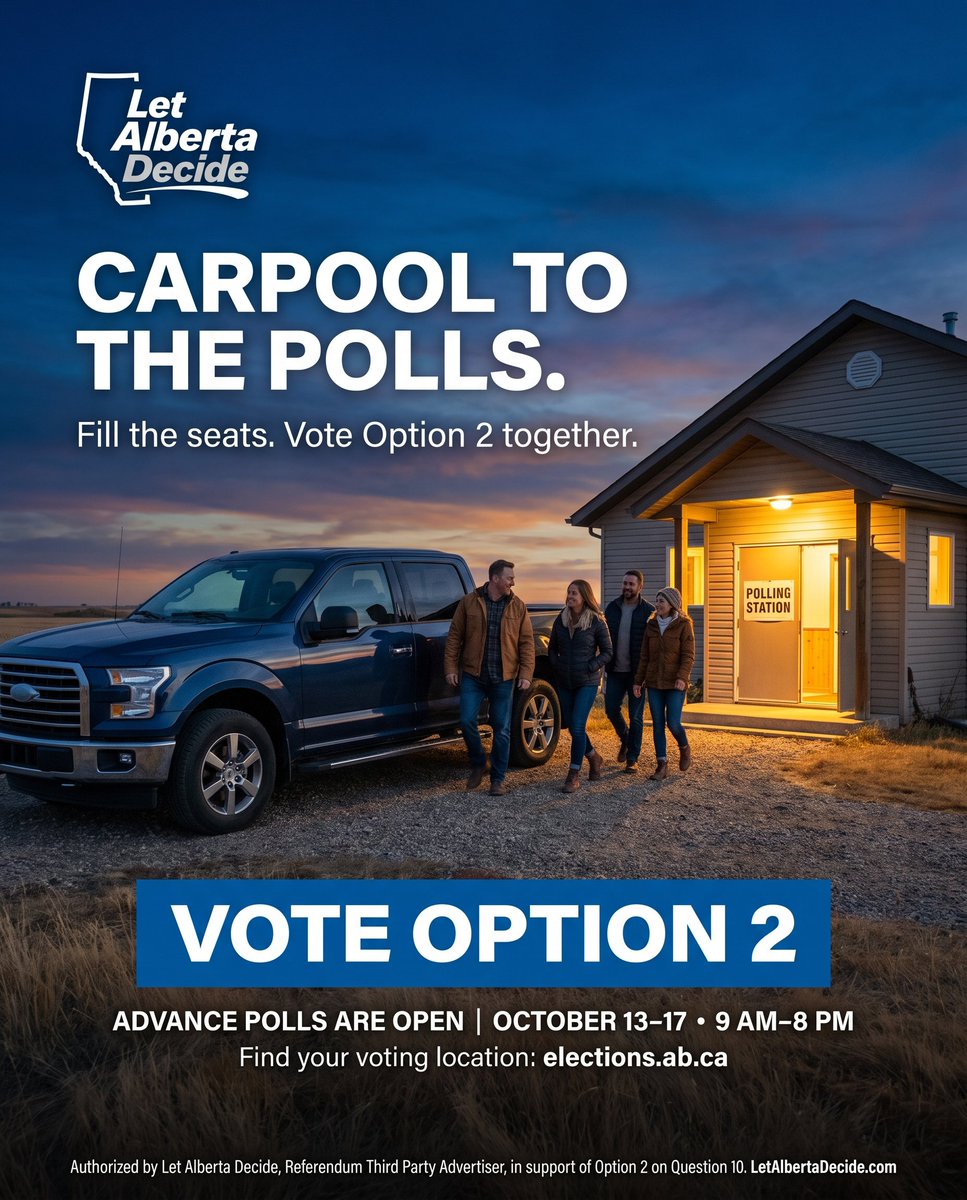 LetABDecide's tweet photo. Carpool to the polls.

Friday night: fill the truck and vote together. Advance polls are open until 8 PM tonight, and tomorrow is the last day of advance voting.

Find your voting location: https://t.co/ifyHnajC0M

Vote Option 2. https://t.co/02g90VKrUb https://t.co/TApDNRc4te