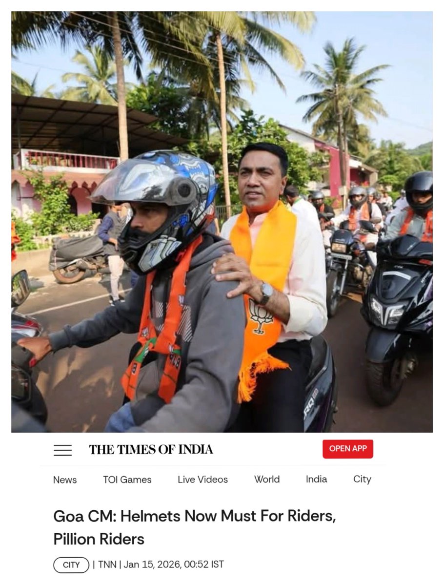 Sohan__offl's tweet photo. Feel like donating a helmet to our “hero”
@DrPramodPSawant

Who seems to have grown old enough to forget his own rule “Helmet compulsory for pillion riders.” Maybe he needs a reminder before making rules for everyone else! @BJP4Goa

#GoanPolitics https://t.co/qOcAkQxRYk