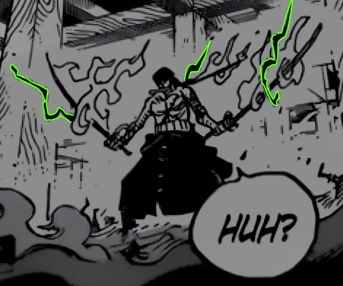 OgHumanTripod's tweet photo. #ONEPIECE1195 

Zoro unconsciously using ACoC
vs 
Consciously Using it

(The yellow dot is roughly the size of The thousand sunny) https://t.co/dhHnzMR0VS