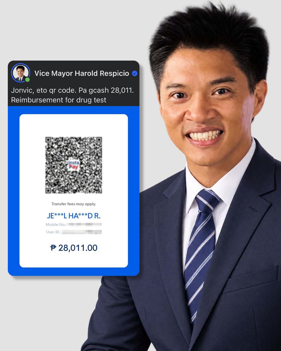 News5PH's tweet photo. NAGLAPAG NG QR CODE

Nag-post si Reina Mercedes, Isabela Vice Mayor Harold Respicio ng e-wallet QR code para aniya sa reimbursement ng kanyang drug test.

Nagpa-drug test si Respicio nitong Miyerkules, Oct. 7, matapos ang pahayag ni Interior Sec. Jonvic Remulla na tila nakadroga ang bise alkalde.

Nag-ugat ito sa paninigaw ni Respicio sa isang meeting ng Sangguniang Bayan.

Nanawagan din si Remulla kay Respicio na magbigay ng QR code para mabayaran niya ang ginastos nito sa drug test.