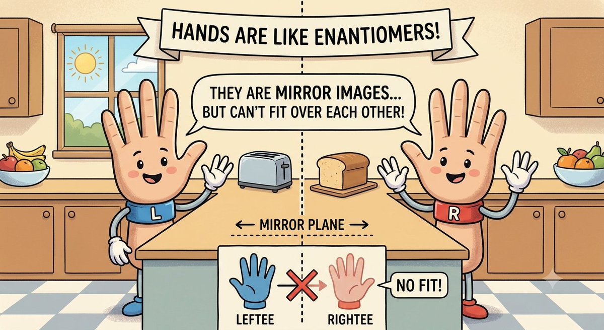 amitjaindce's tweet photo. Nobel in Chemistry : So what are  Enantiomers?

Enantiomers are molecules that are mirror images of each other, just like our left and right hands. They look similar but cannot be perfectly placed on top of each other.

Application:
They are very important in the pharmaceutical industry, because two enantiomers of the same drug may have different effects in the body. One may be useful, while the other may be less effective or cause unwanted effects.