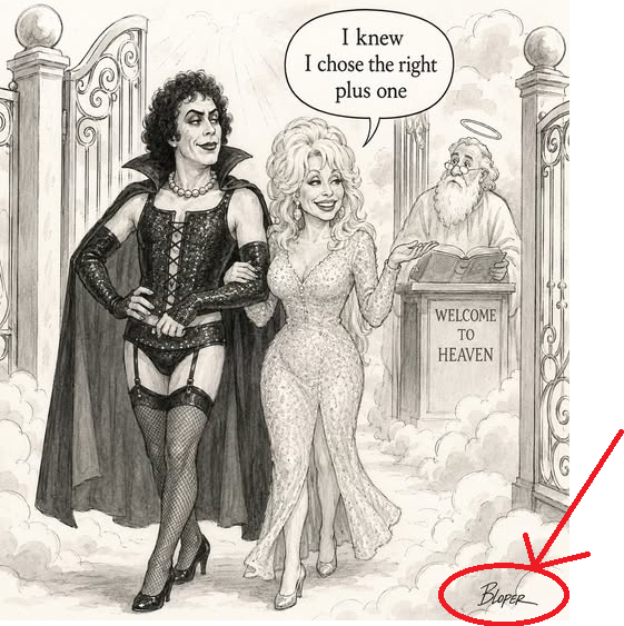 a dolly parton fan asked chatgpt for a new yorker style cartoon and got one signed "BLOPER" - the faked the real signature of cartoonist brendan loper, and people actually believed it was legit https: