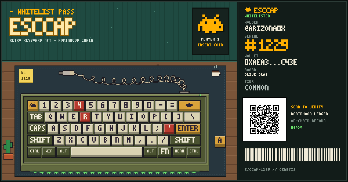arizona0x's tweet photo. Secured ESCCAP holder #1229.
OLIVE DRAB COMMON pass from the Retro Mechanical Keyboard collection on Robinhood Chain.
Claim your whitelist seat:
https://t.co/roLH1BiYoN
@esccapHQ #EscCap https://t.co/i4bGOol1Tz