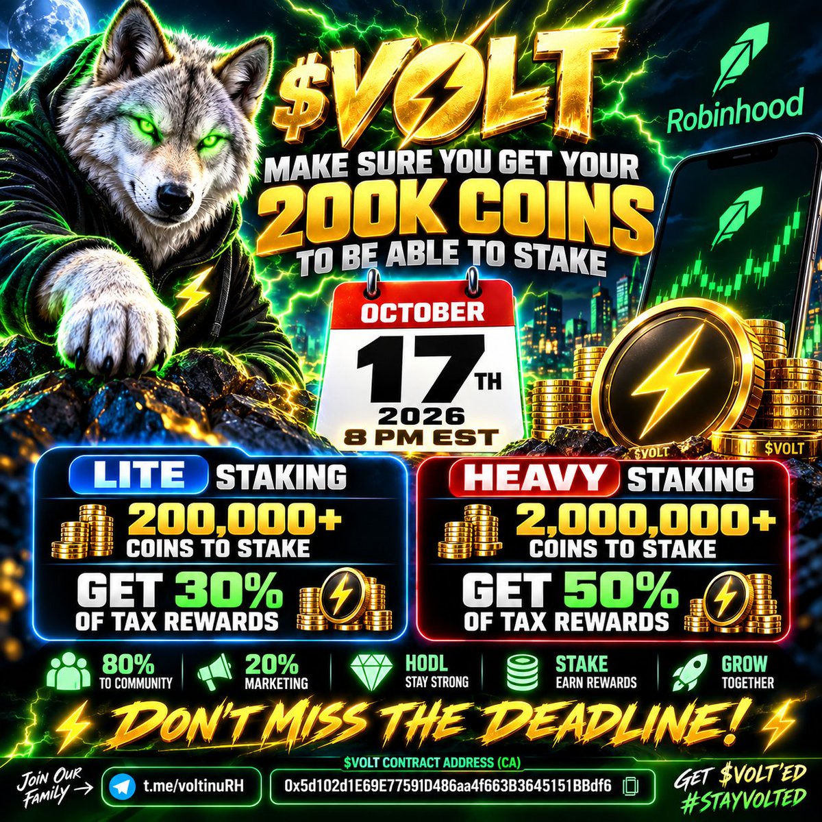 JamalHaynes10's tweet photo. 🚨⚡️🐺 $VOLT ARMY! THE CLOCK IS TICKING!

OCTOBER 17TH — 8 PM EST! 🔥

💥 200K $VOLT = LITE STAKING
⚡️ 2 MILLION $VOLT = HEAVY STAKING

🔥 30% / 50% OF TAX REWARDS!

While others chase hype, we're building an ECOSYSTEM! @pablo_cro IS COOKING! 🐺

DON'T SLEEP ON THIS PACK! 💎

⚡️ #GETVOLTED #STAYVOLTED

📲 https://t.co/T74XiXLVNl

CA: 0x5d102d1E69E77591D486aa4f663B3645151BBdf6

@Voltinu_RH @Pablo_cro
@LimitlessApeOG
@SignalLTC
@Crissycryptofox
@vladtenev
@BitcoinChina_
@BleevesOfficial
@RicoMoneybags
@CryptoChinaBull
@ChinaPumpWXC
@XHNews

#VOLT #VOLTARMY #Robinhood #GETVOLTED #STAYVOLTED
