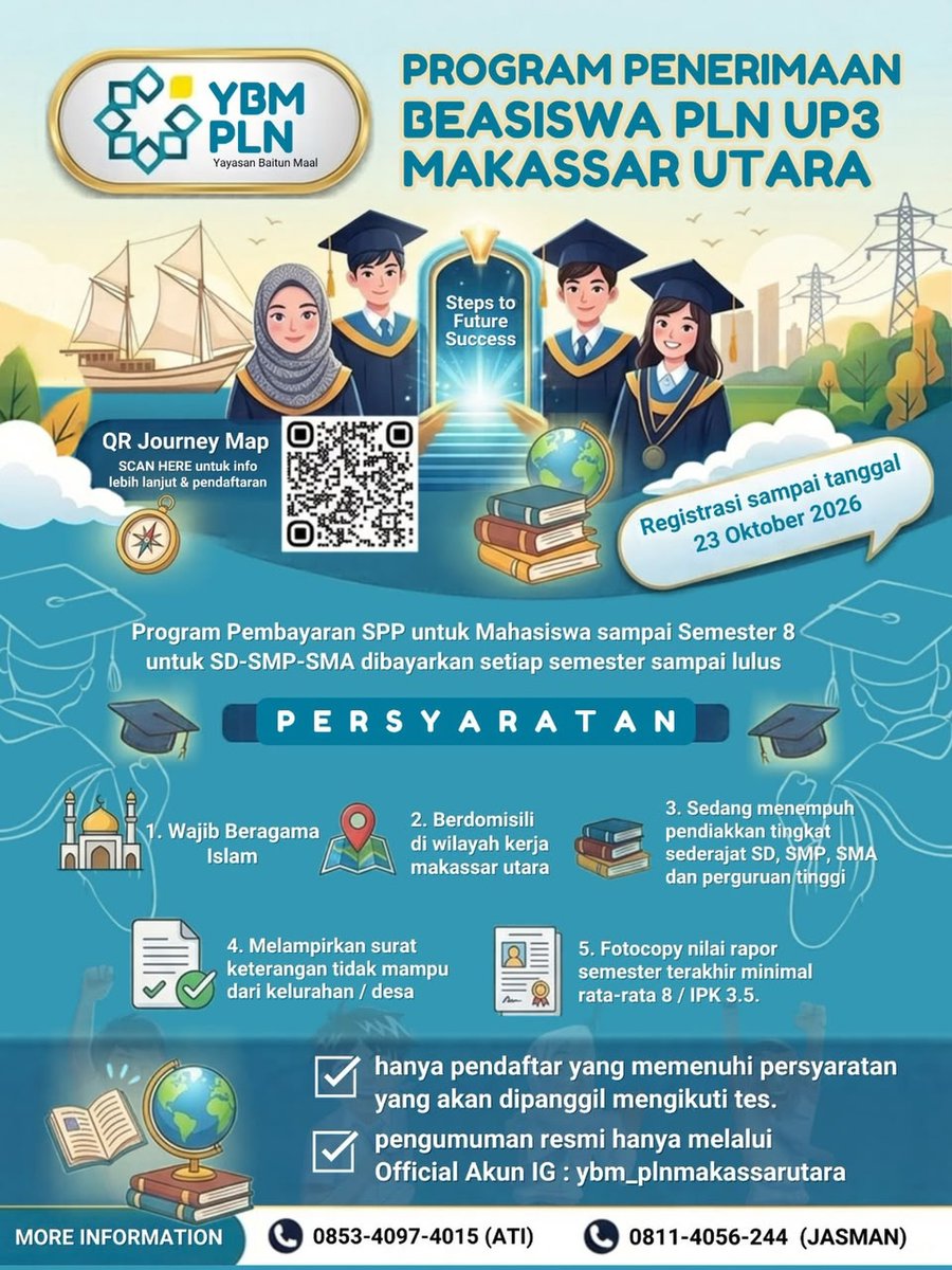 MarosElectrizen's tweet photo. 🎓📷 PROGRAM PENERIMAAN BEASISWA YBM PLN UP3 MAKASSAR UTARA 📷
Kabar baik untuk para pelajar dan mahasiswa di wilayah Makassar Utara! Yayasan Baitul Maal (YBM) PLN kembali membuka kesempatan emas melalui Program Penerimaan Beasiswa untuk membantu meringankan biaya pendidikan https://t.co/c1L0M8Hwjo