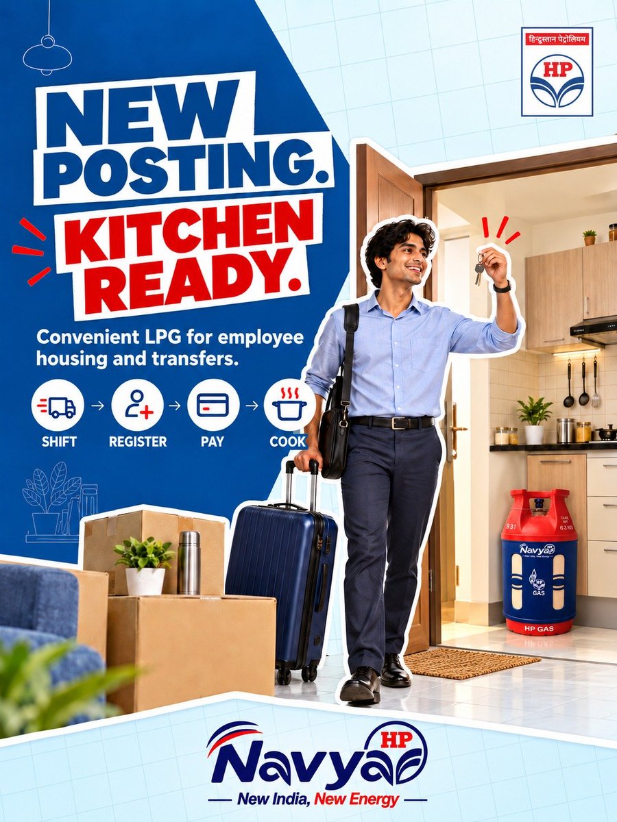 ganeshkarwar's tweet photo. New posting. New keys. New Energy. 🏡

Moving for work? Make yourself at home with HP Navya—convenient LPG for employee housing and fresh starts.

Shift. Register. Pay. Cook.
Your next chapter deserves a home-cooked welcome.

#HPNavya #NewIndiaNewEnergy @HPCL @HPGAS_HQO https://t.co/4HX83spiMQ