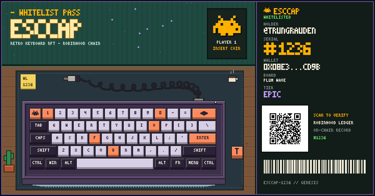 Trungrauden's tweet photo. Secured ESCCAP holder #1236.
PLUM WAVE EPIC pass from the Retro Mechanical Keyboard collection on Robinhood Chain.
Claim your whitelist seat:
https://t.co/dlZN4IhdJ3
@esccapHQ #EscCap https://t.co/9k3CREs2za