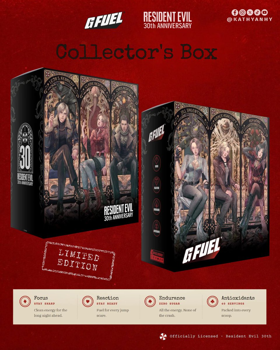 kathyanhy's tweet photo. G FUEL x Resident Evil: Mixed Herb Collector's Box for the 30th Anniversary 🥤🌿

G FUEL has unveiled its official collaboration with Resident Evil to celebrate the franchise's 30th anniversary: the Mixed Herb Collector's Box, currently available only via waitlist.

🍑 Contents of the Collector’s Box:

• 40-serving container of Mixed Herb (Energy Formula 2.0).
• Tall metal shaker with an exclusive design—hand-wash only.
• Flavor: Peach Iced Tea flavor, described as sweet, fruity, and easy to drink (Zero Sugar).
• Official Mr. Raccoon sticker.
• Limited-edition box with triptych-style artwork: on the front, Jill Valentine, Grace Ashcroft, and Ada Wong; on the back, Leon S. Kennedy, Claire Redfield, and Chris Redfield.
• Price: $64.99 USD.

This marks a new partnership between the two brands, which have previously collaborated on editions inspired by titles such as Resident Evil 3 (Nemesis Tea), Resident Evil 4 (The Plagues), and Resident Evil Village (Lady Dimitrescu / Maiden’s Blood bundle). This commemorative edition also stands out for featuring Grace Ashcroft, a protagonist linked to Resident Evil Requiem.

#ResidentEvilRequiem #REBHFun #RE30th #ResidentEvil
