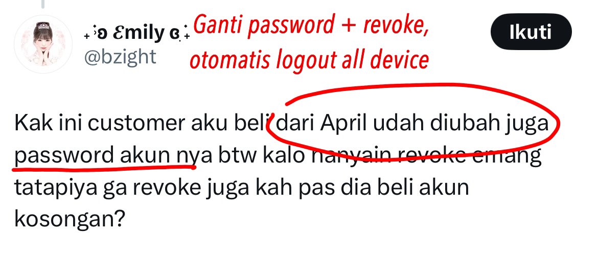 Tatapiyaa's tweet photo. Oiya tambahan lagi, karena sedikit blunder katanya buyernya udah ganti password yang otomatis bakal ke logout dari device manapun tanpa harus revoke ya. Tapi ini ditanggal 6 kemaren ganti email? x udah update kan kalau ganti email harus dapet kode+verif pake password juga. https://t.co/gZA8yOyUut