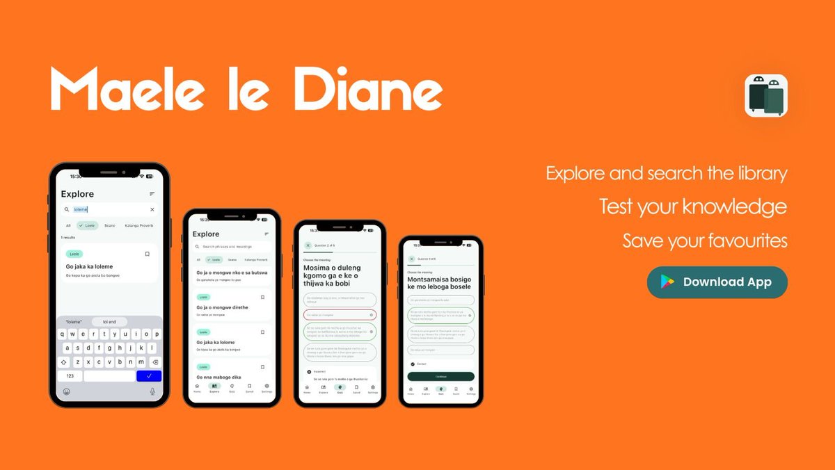 IntellectG's tweet photo. "Ga gona kgomo ya boroko"

We are proud to announce that Maele le Diane is officially on Google Play. 🎊🎊 

📲Explore Maele, Diane and Kalanga Proverbs, save your favourites and learn through quizzes at your own pace.

Download Here: https://t.co/Uak0IMUK0J https://t.co/XsKGPudoRB