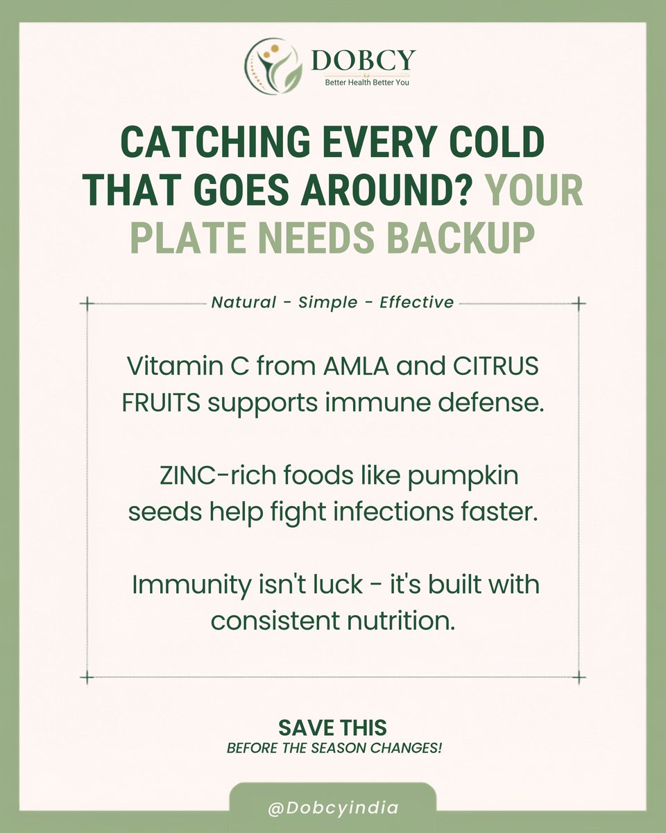 dobcyindia's tweet photo. Catching every cold that goes around? Your plate needs backup.

Vitamin C: amla, citrus
Zinc: pumpkin seeds

Immunity isn't luck. It's built with consistent nutrition.

Save this before the season changes.

#Immunity #Nutrition https://t.co/QbV1oKD5Sm