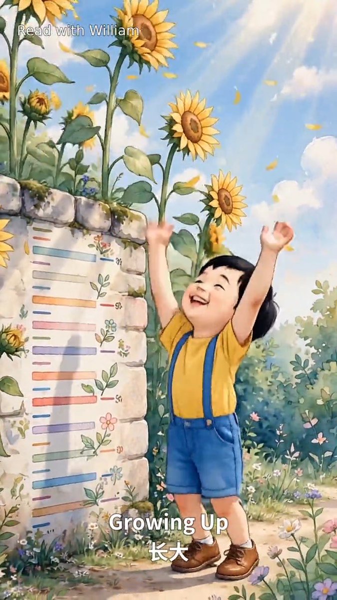 A children's book illustration titled 'Growing Up' (长大) with the header 'Read with William' shows a joyful child in a yellow shirt and blue overalls raising their arms next to a height chart on a stone wall, surrounded by sunflowers.