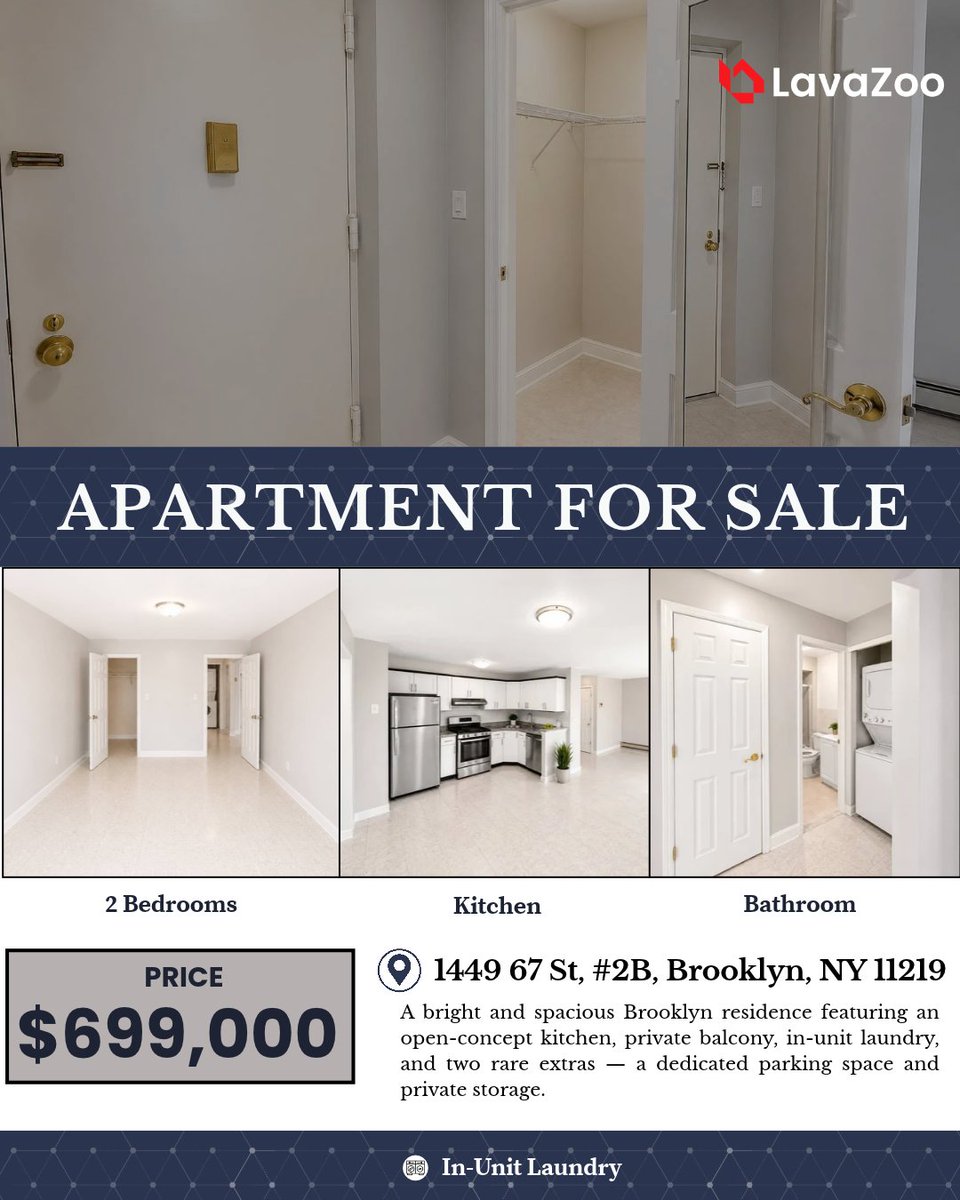 lavazooRE's tweet photo. 🏙️ Brooklyn living with the extras you've been searching for.

This bright and spacious residence checks every box and is move-in ready, with neutral finishes and a layout that just works — this one is a rare find. 🏡

🍳 Open-concept kitchen with granite countertops & stainless steel appliances
🧺 In-unit washer & dryer
🛏️ Generously sized bedrooms with great closet space
📦 Private storage room — included with the sale
🚗 Private parking space — included with the sale
🧱 Well-maintained brick building with a true residential feel

👉 View the full listing and connect directly with the listing agent on LavaZoo
🔑 Are you the listing agent? Claim your listing!

#BrooklynRealEstate #BrooklynHomes #NYCRealEstate #NYRealEstate #realestategoals