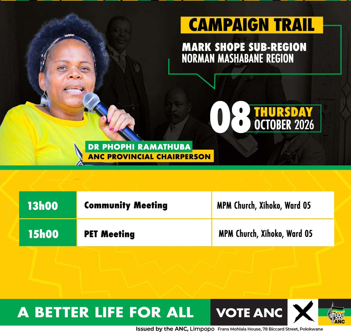 ANCLimpopo's tweet photo. With 27 days to go to the Local Government Elections, the ANC’s Provincial Elections Team will be in the Mark Shope Sub-Region (Tzaneen Municipality), as part of its ongoing campaign activities. The Provincial Chairperson will lead a community meeting at 13h00 today. 

#BuildingBetterCommunities