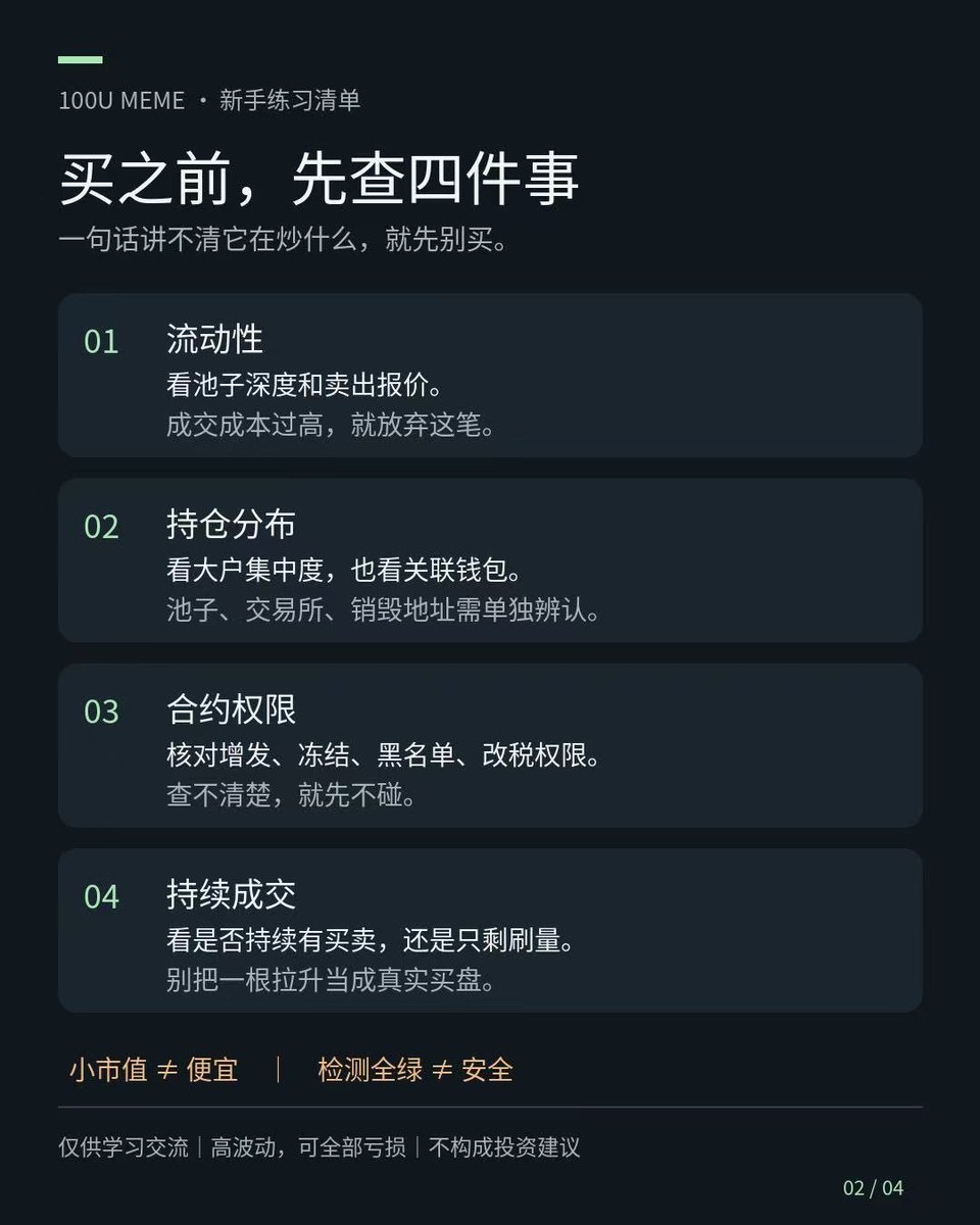 jingouking's tweet photo. 拿100U进Meme市场，先别想着赚到10000U。

先定个小目标：活过前20笔。

别人晒的是百倍截图，你要练的是：亏了以后，还能不能管住自己的手。

这100U，必须是亏光也不影响生活的钱。下面是一套练习纪律，不是赚钱公式。

① 先把钱分开

30U留在场外，70U作为练习预算，手续费也从里面出。

单笔3–5U，同时最多拿两个币。亏了不补仓，不把那30U转回来“最后搏一次”。

一周累计亏损25U，包括手续费，停手一周。

停下来是为了防止你从“研究项目”，变成“研究怎么回本”。

② 买之前，先查能不能出来

至少看四件事：

• 池子有没有足够流动性
• 大户持仓是否集中，有没有关联钱包
• 合约有没有增发、冻结、改税等权限
• 成交是不是还在持续，有没有真实买卖

前十大里可能包含池子、交易所或销毁地址，别看见一个占比就下结论。

市值小不等于便宜，检测全绿也不等于安全。连它炒什么都说不清，就先别买。

③ 买入前，先写好怎么卖

例如：亏到50%尝试退出；翻倍卖出一部分，��量收回本金和费用。

注意，这是执行条件，不是成交保证。遇到抽池子、冻结或暴跌，可能根本卖不掉。

如果买入理由已经失效，就退出。别把“做短线”临时改成“相信社区”。

④ 少买，多记

每天最多研究5个，买入不超过2个。没合适的，就一笔不做。

3–5U的小单尤其要算成本。来回手续费和滑点占比太高，就先模拟记录，别为了凑20笔硬交易。

每笔只记：为什么买、怎么买卖、扣完费用赚亏多少、有没有守规则。

⑤ 20笔之后，先查自己

止损有没有执行？
平均赚一笔和亏一笔差多少？
有没有梭哈、补仓、追别人晒出来的盈利？

20笔不足以证明你会赚钱，但能看出你有没有反复犯同一种错。

先戒掉三件事：
一把梭、亏损加仓、看到别人赚钱就追。

100U交完学费，至少要知道自己错在哪。
别只学会一句：“下次一定回本。”

仅供学习交流，不构成投资建议。Meme高波动，可能全部亏损。