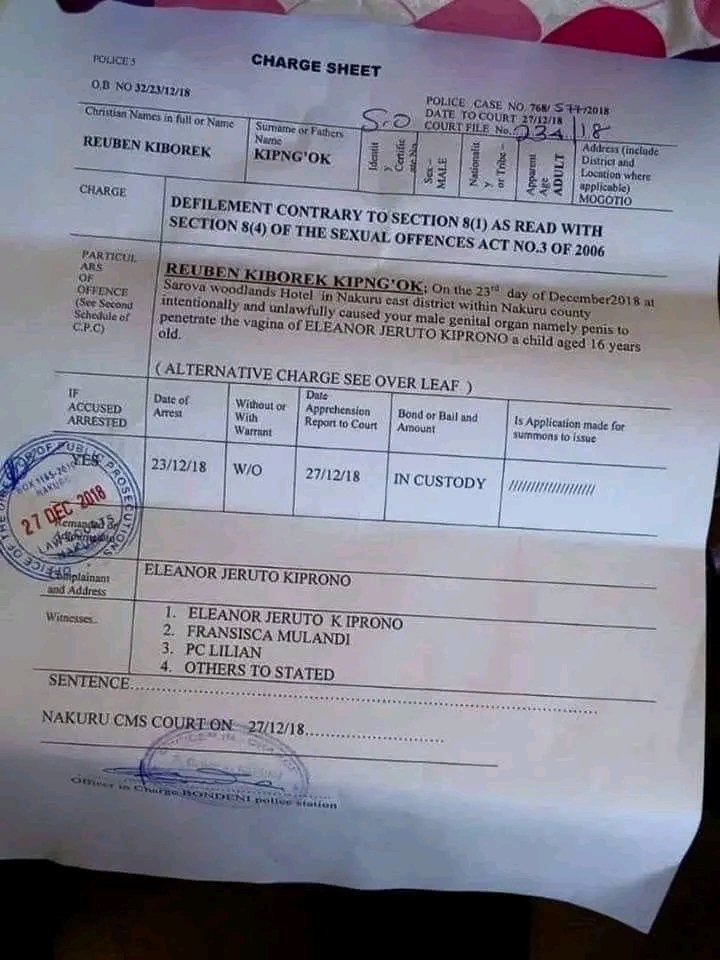 snrgoodman's tweet photo. There's nothing fine about you Mr. r@pist from Mogotio

"Reuben kiborek, on the 23rd day of December 2018 at Sarova woodlands Hotel in Nakuru East within Nakuru county, intentionally and unlawfully caused your male genital organ namely PENIS to penetrate the fem Vagina of Eleanor Jeruto Kiprono a child aged 16 years."

You shpuld be in jail serving life imprisonment!!!