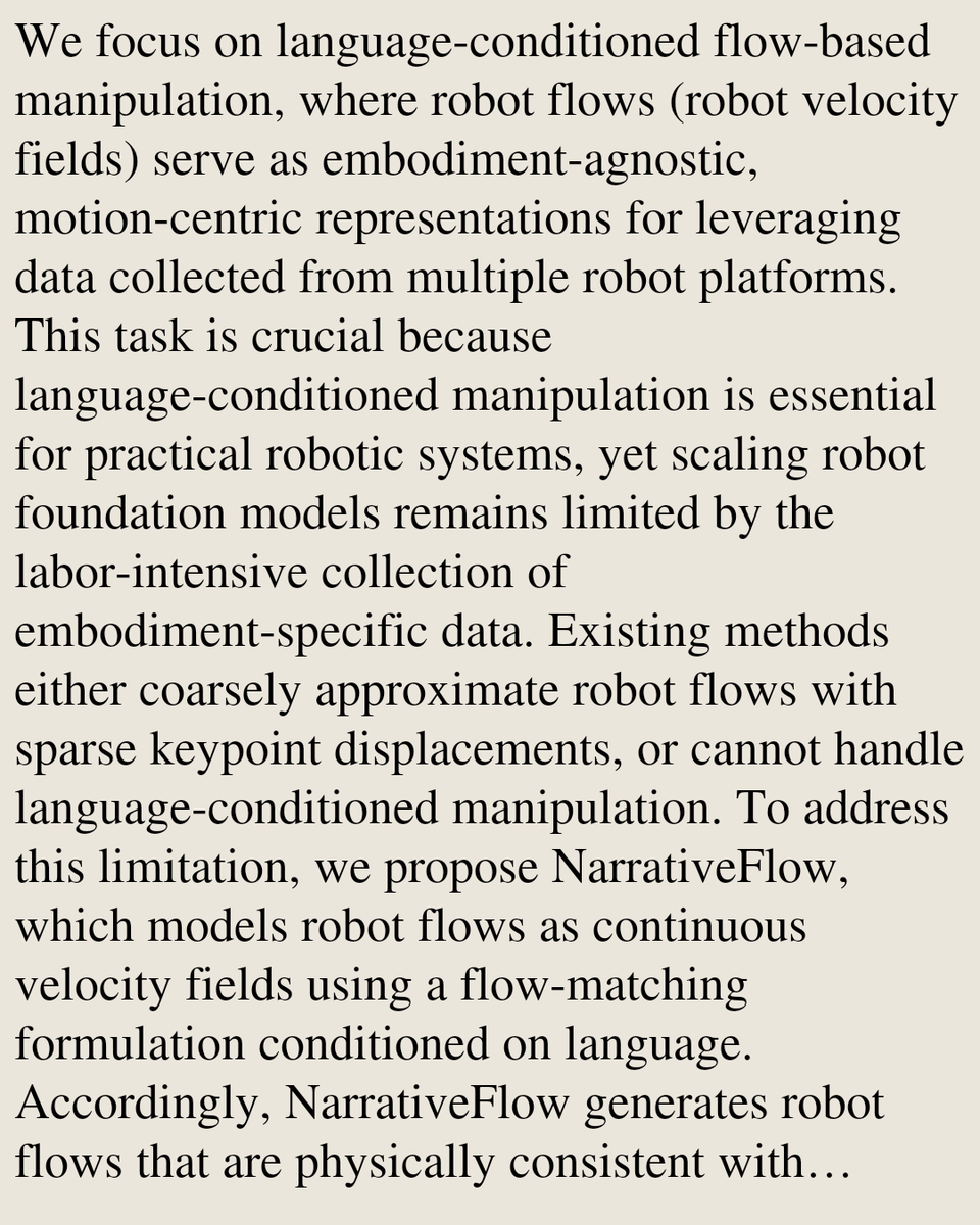OWW's tweet photo. NarrativeFlow: Flow-Based Vision-Language-Action Model Using Robot Velocity Fields

Shota Kobayashi, Koki Seno, Daichi Yashima, Komei Sugiura
https://t.co/sY47i1jEHn [𝚌𝚜.𝚁𝙾 𝚌𝚜.𝙲𝚅]
💬Accepted at ACCV 2026 https://t.co/eCz5t3TCTe