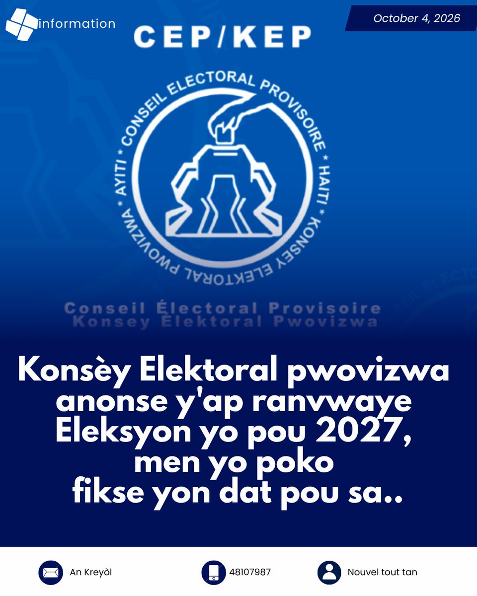 theworldtv12's tweet photo. #sekirite #Eleksyon

KEP a konte ranvwaye Eleksyon kite gen pou fèt yo nan oktob ane pwochen ,an atandan yo rezoud pwoblem ensekirite a..

Apre yon chita pale ant manb KEP a ak manm gouvènman okenn nouvo dat poko bay .

#ayiti 
#Eleksyon https://t.co/k0fS0mvzfG