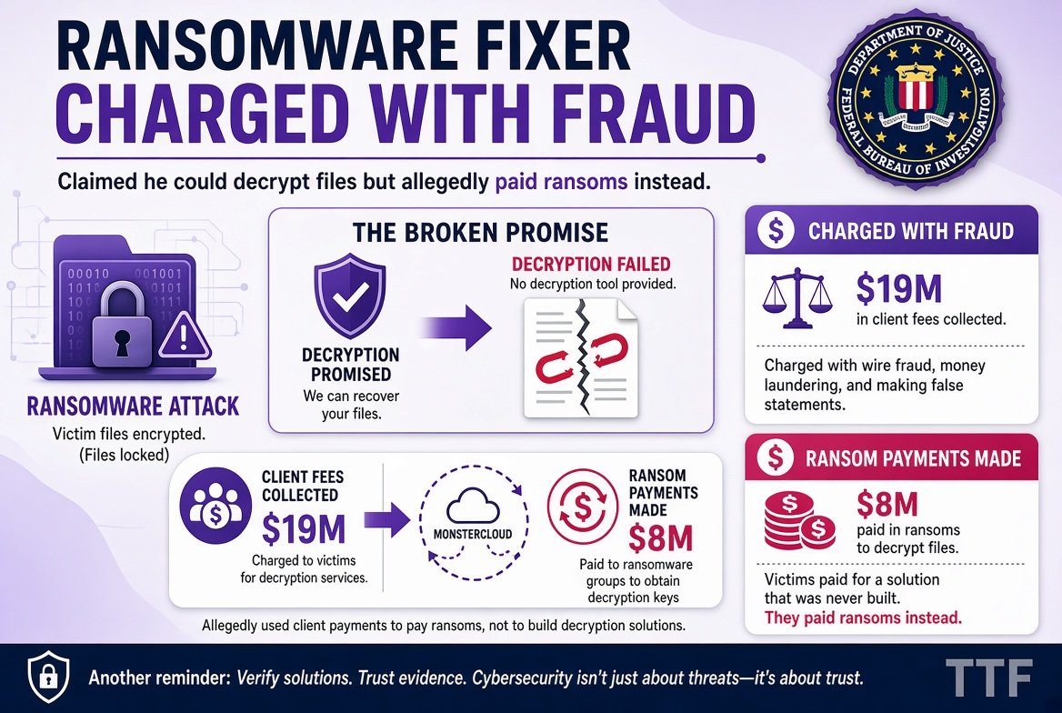 TheThreatForge's tweet photo. Florida man charged with fraud after allegedly claiming his firm MonsterCloud could decrypt #ransomware files — but instead paid the ransoms and pocketed huge markups. Clients paid him $19M+; he paid attackers $8M+. Faces wire fraud charges.
#florida #hacking https://t.co/NSKxt78M36
