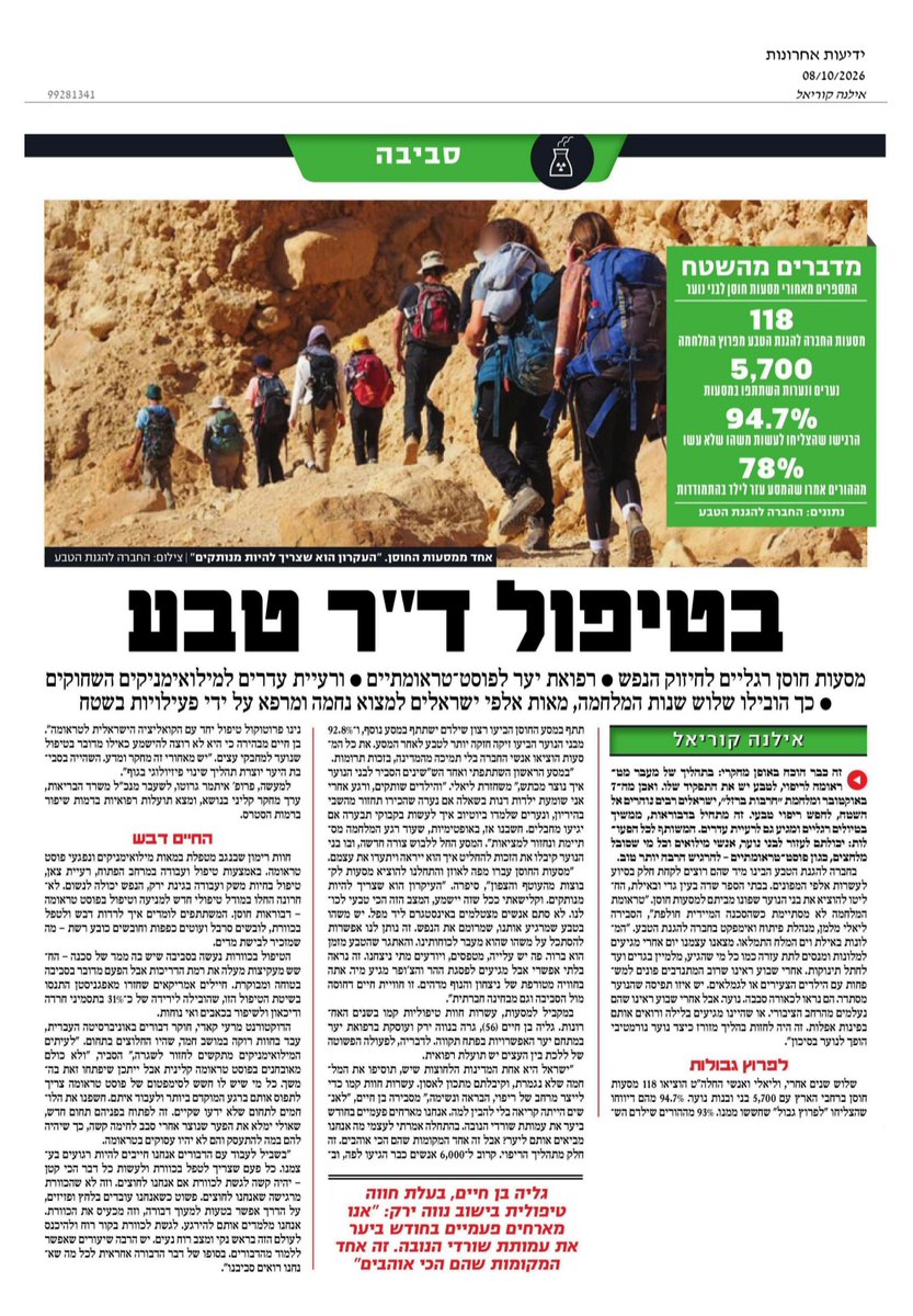 SPNI's tweet photo. בשלוש השנים האחרונות, מאז ה - 7 באוקטובר, הוצאנו 118 מסעות חוסן, שבהם השתתפו 5700 בני נוער, במטרה לחזק את נפשם ולנסות לגרום להם להרגיש טוב יותר, כתוצאה מפעילויות בשטח.  

95 אחוז מהמשתתפים, דיווחו שהצליחו "לפרוץ גבול" שחששו ממנו ו - 93 אחוז מהם, הביעו זיקה חזקה יותר לטבע, אחרי המסע.

היום, בעיתון ידיעות אחרונות: