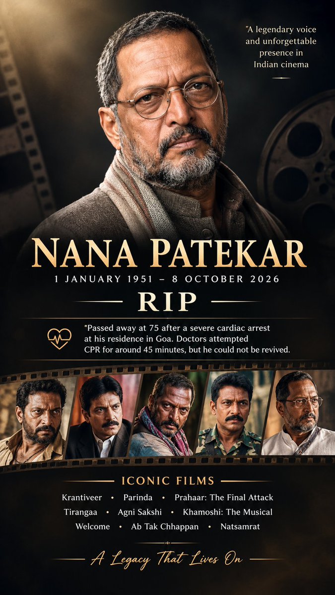 TawangBuzz's tweet photo. The world of Indian cinema bids farewell to a legendary artist. Nana Patekar’s powerful performances, unforgettable characters and extraordinary voice touched generations. His legacy will live on forever. 🙏🕊️
#NanaPatekar #RIPNanaPatekar #IndianCinema #Bollywood #Legend #Forever https://t.co/i3tnjhzV3e