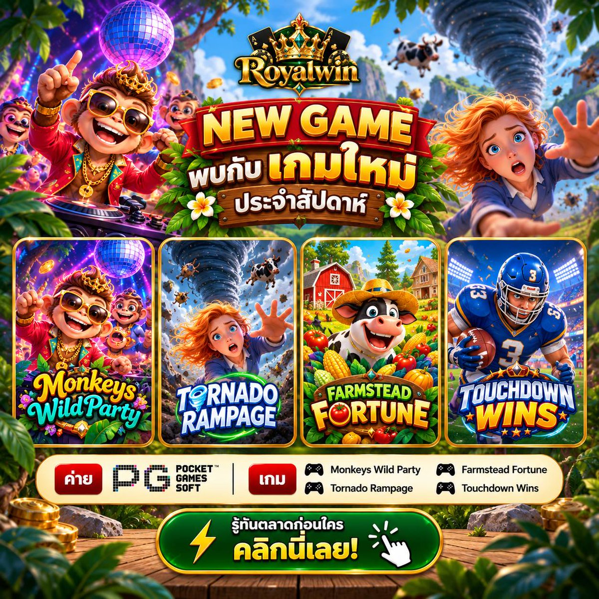 webpickth's tweet photo. ⭐️ NEW GAME ⭐️
พบกับ  เกมใหม่ประจำสัปดาห์
ค่าย 🔶 PG

🎮 Monkeys Wild Party
🎮 Tornado Rampage
🎮 Farmstead Fortune
🎮 Touchdown Wins

⚡️รู้ทันตลาดก่อนใคร 
🎙 https://t.co/e5jq8F6sWt
🎙 https://t.co/8ra0KdxBlq
💚 LINE : @rywn  

#ROYALWIN #สล็อต𝙥𝙜 #ฝากถอนชัวร์  #เว็บตรงแนะนำ https://t.co/TvXQVOPpg0