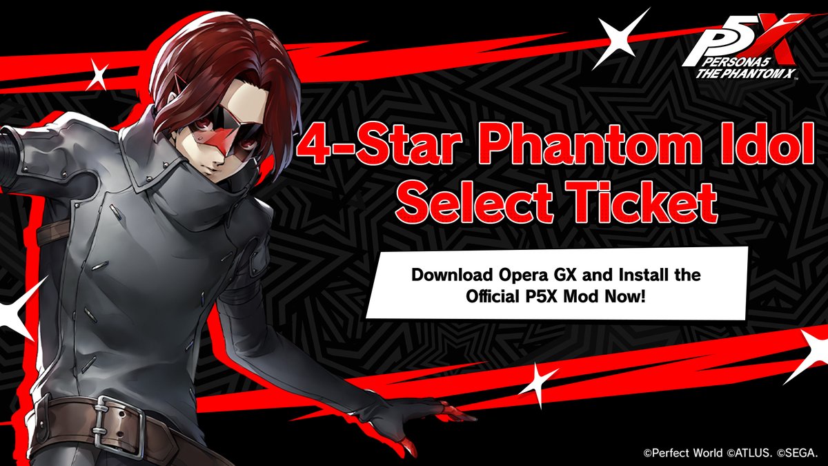 P5XOfficialWest's tweet photo. ✧─ P5X × Opera GX Collaboration! ─✧

Have you awoken to your potential? 👀

Download Opera GX and install the official P5X Mod to claim your 4★ Phantom Idol Select Ticket! ✨
Don’t miss out on this chance to get a free 4★ Phantom Idol of your choice!

#P5XEN #P5X #OperaGX https://t.co/ZIEYzIxPNS