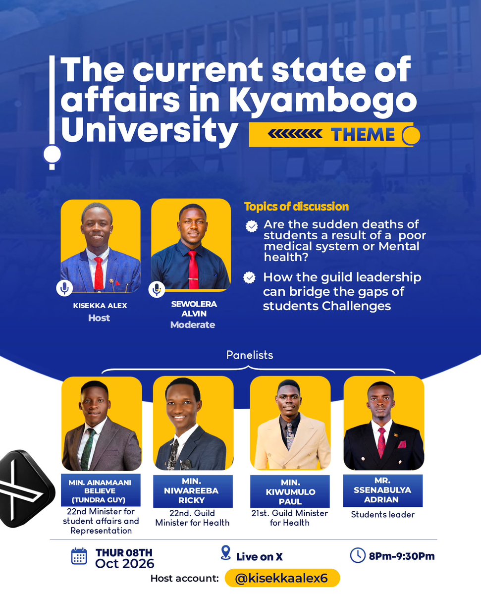 NiwarebaRicky's tweet photo. 🎙️🔥⏰🎙️
I’ll be joining fellow leaders to discuss the current state of affairs at Kyambogo University student challenges, health, mental well-being, and leadership solutions

Let’s speak,Let’s listen,Let’s build. 
🕗 8:00 PM | Live on X https://t.co/XRnasRkGFY