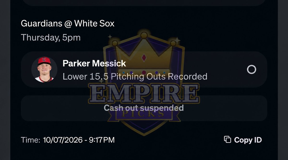 EmpiresPicks's tweet photo. ⚾ PLAY OF THE DAY ⚾  
Parker Messick UNDER 15.5 Outs 🎯 

#MLB #MLBPicks #Postseason #EmpirePicks https://t.co/Z3fHFg4VyY